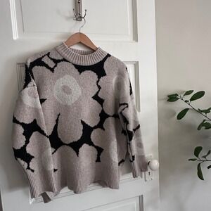 Marimekko Unikko Flower Pattern Knit Sweater Beige Black White XS